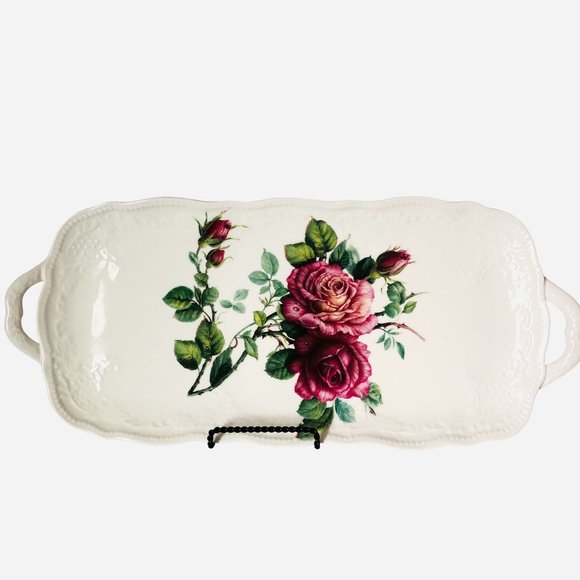 I Godinger & Co Embossed Rose Loaf Vanity Tray Floral Roses 15 Inch - Picture 1 of 5